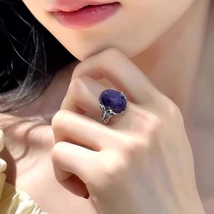 925银复古新中式蝴蝶紫龙晶蛋面戒指环开口调节女小众设计高级感