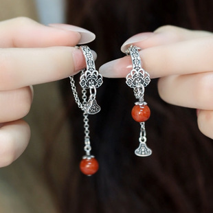 925银复古新中式做旧长款流苏南红不对称耳环女士小众设计高级感
