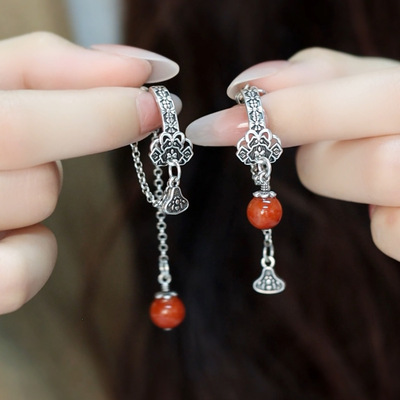 925银做旧长流苏南红不对称耳环