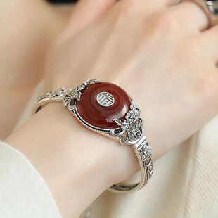 925银新中式复古牡丹花红玛瑙平安扣福字手镯女士小众设计高级感