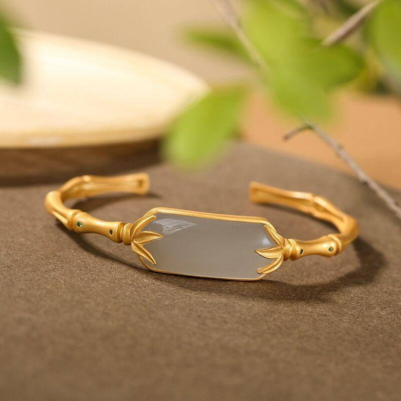 ETHNIC STYLE S  GILT SMOKE PURPLE BAMBOO BAMBOO LEAF INLAY HETIAN JADE CHINESE STYLE RETRO STYLE WOMENS BRACELET