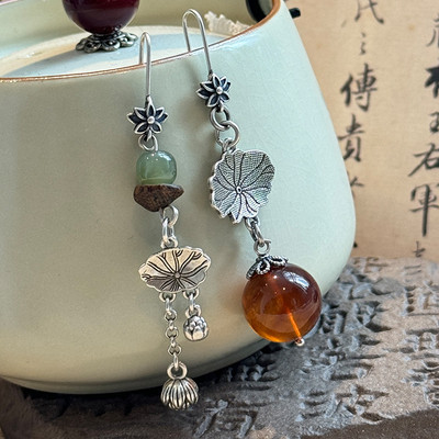 925银新中式复古风荷叶莲蓬耳环