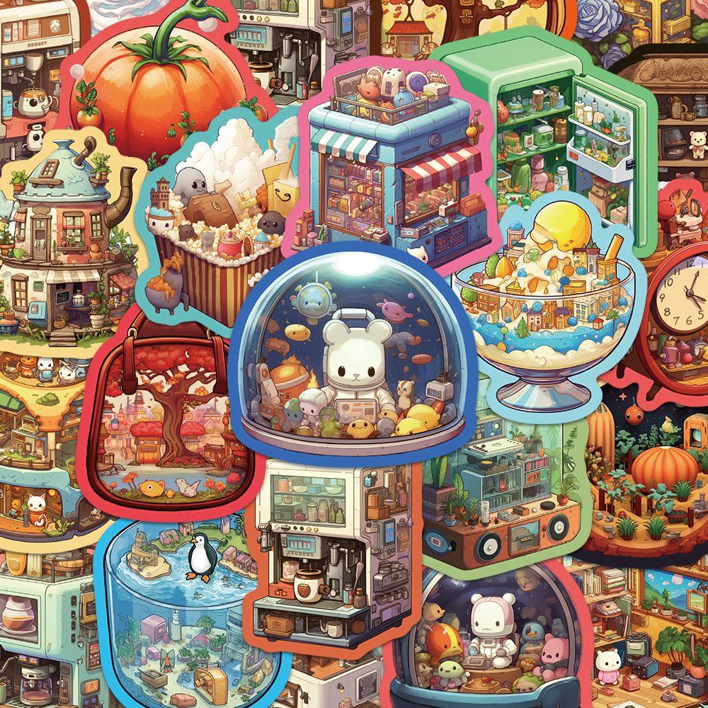 50张微观世界卡通可爱贴纸小物件建筑复古风手机壳笔记本防水贴纸,文具电教/文化用品/商务用品,贴纸/立体贴纸,淘宝优惠券,粉丝福利购,淘宝优惠卷