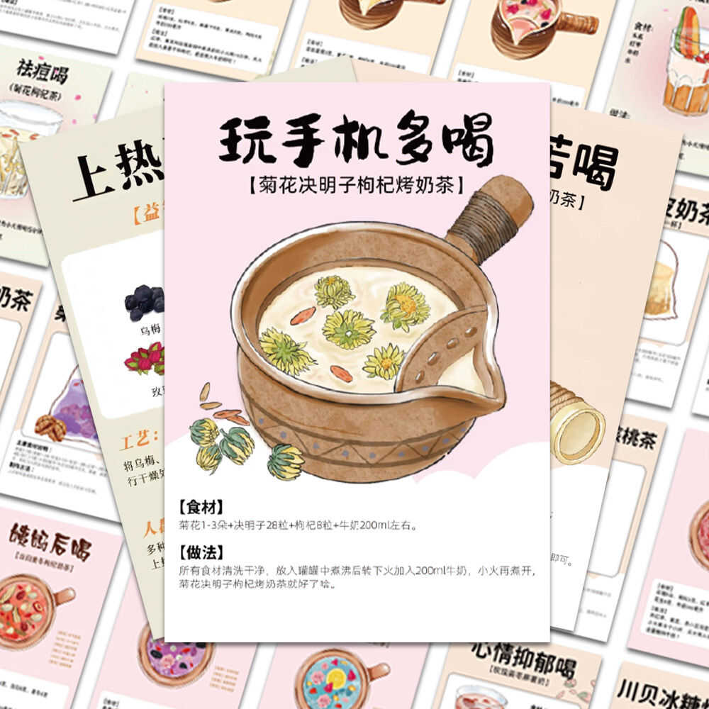 128张中药奶茶贴纸制作材料方法手账笔记本手机壳装饰防水贴画diy