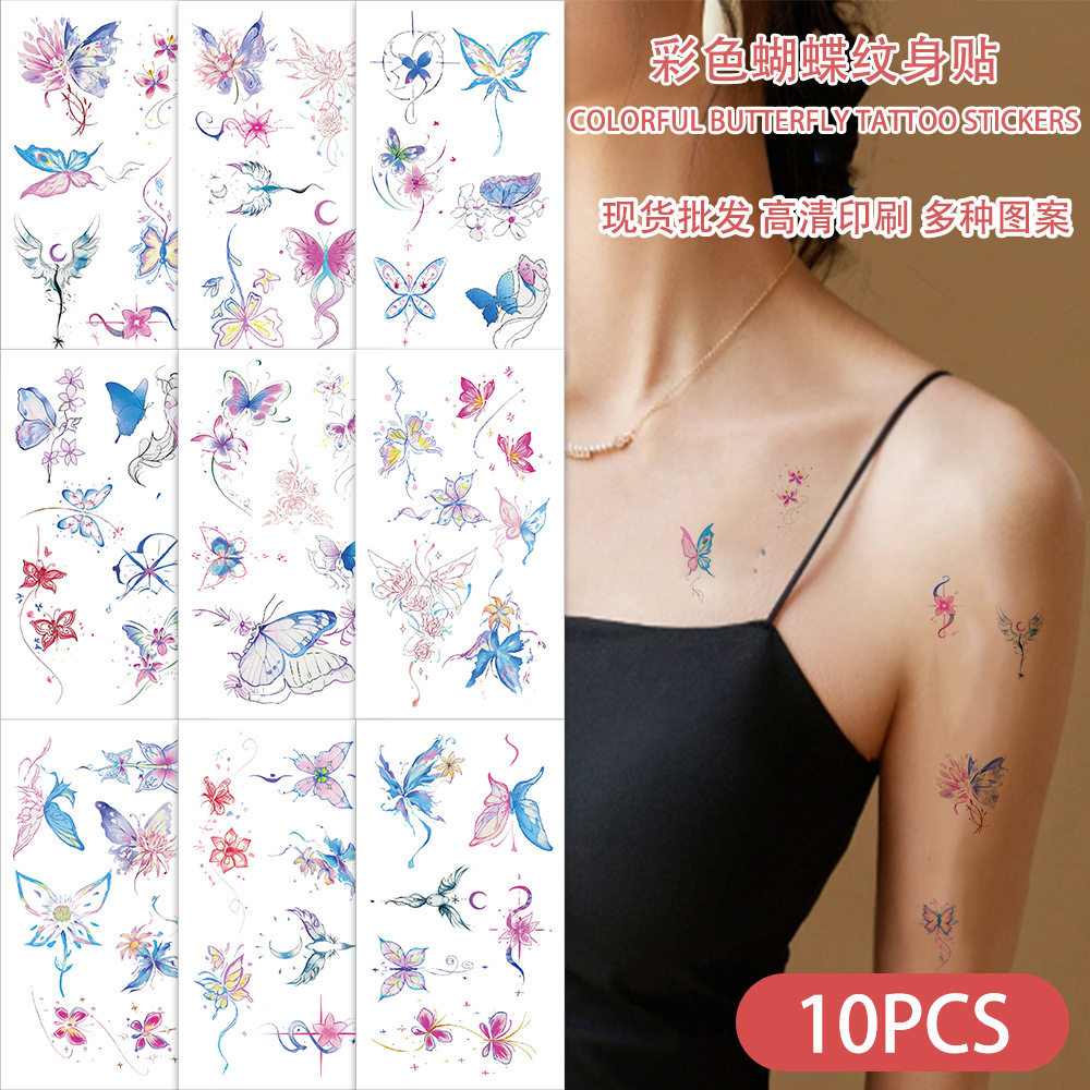 10张彩色蝴蝶纹身贴防水手臂大腿贴纸纹身贴纸儿童纹身贴无毒可洗
