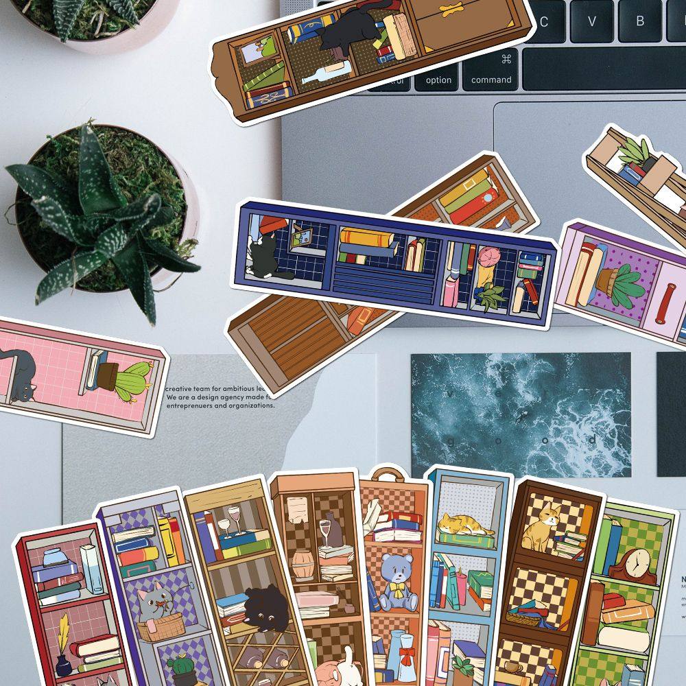 60张猫柜书签小猫咪场景卡通可爱图案创意阅读书页书籍标注标记