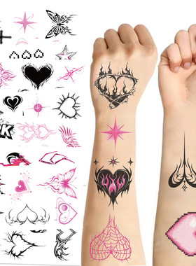20张卡通Y2K粉黑爱心纹身贴儿童节日派对聚会一次性纹身贴纸脸贴