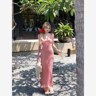 【原版做法+内里】甜美法式红色格子吊带连衣裙子女度假风鱼尾长