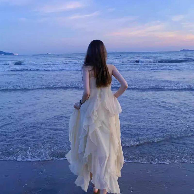 仙女裙吊带连衣裙海边度假连衣裙子夏季沙滩吊带裙长裙新白色三亚