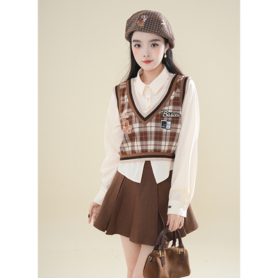 蝴蝶结girl 美式复古感假两件衬衫女秋季学院风别致上衣半裙套装