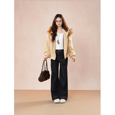 秋冬氛围感 复古气质工装毛领棉服外套ins简约通勤加厚宽松面包服