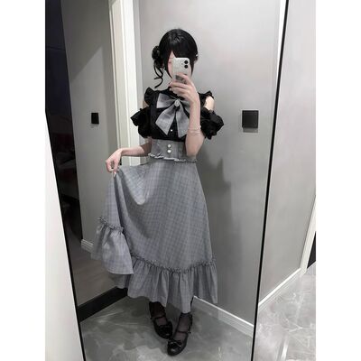 【森屿眠咲】亚文化小众量产型黑灰连衣裙撞色蝴蝶结格纹收腰长裙