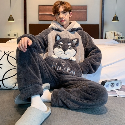 全棉纯棉睡衣男款冬季珊瑚绒加绒加厚法兰绒青少年卡通保暖家居服