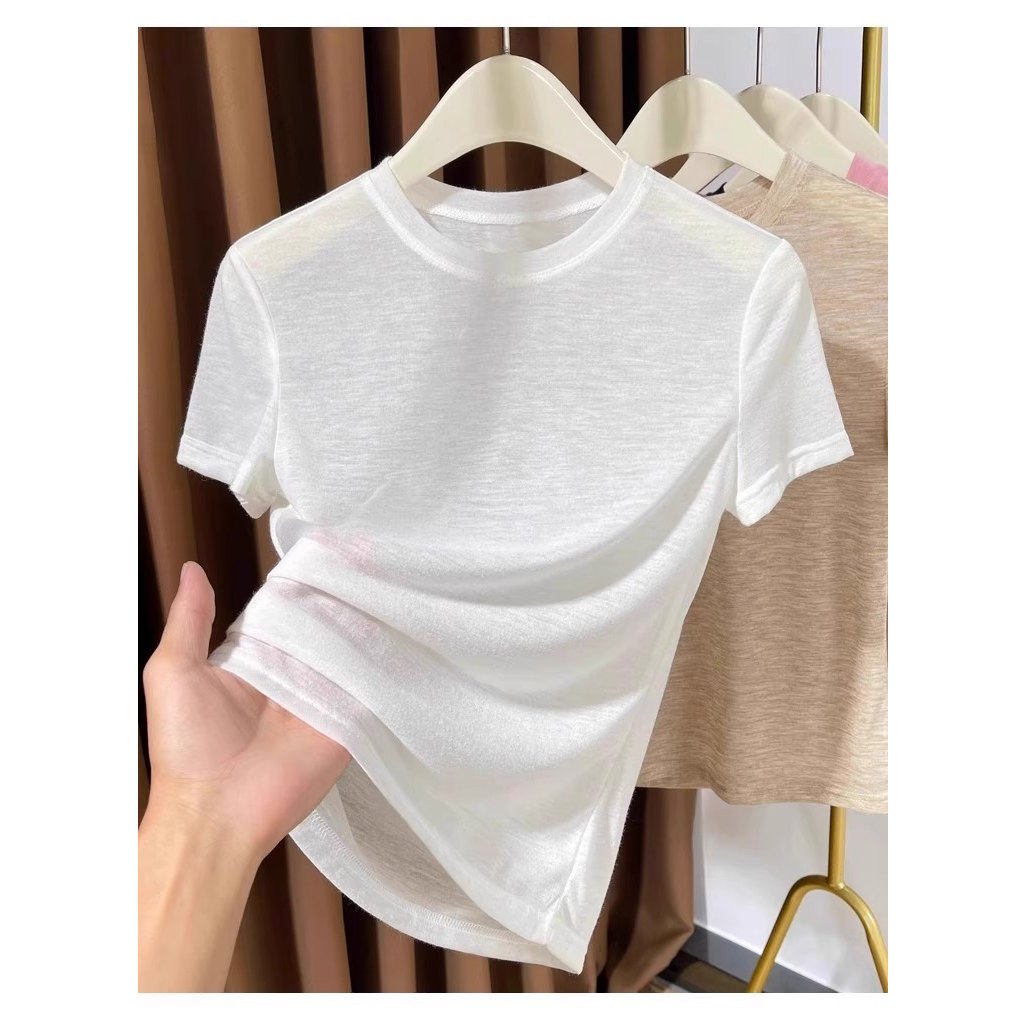 亲肤好穿不扎！小圆领轻薄t恤女短袖2026新款凉感微透内搭打底衫