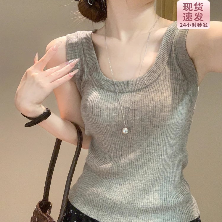 miu系冰丝无袖上衣女夏薄款工字领遮副乳外穿螺纹针织吊带背心ins
