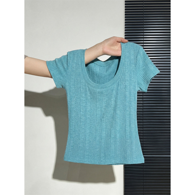 辣妹u领显瘦修身短袖t恤