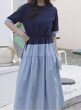 大码女装夏季韩版深蓝色圆领中袖T恤拼接条纹收腰胖MM休闲连衣裙