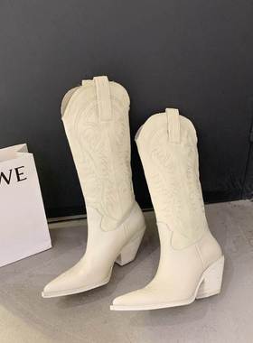 Embossed Leather Women Boots Pointed Toe Western Cowboy Boot