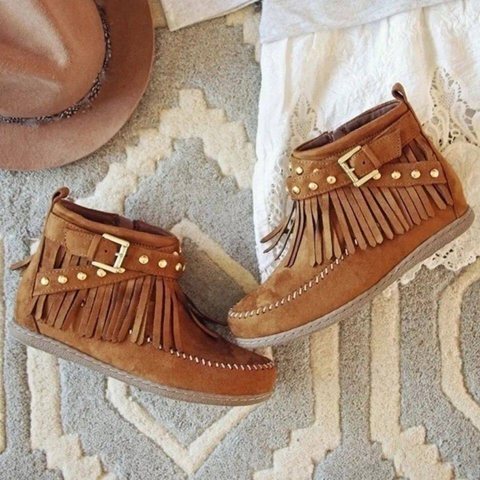 shoes women外贸跨境新款手工缝制流苏短靴子女 平底柳钉搭扣马丁