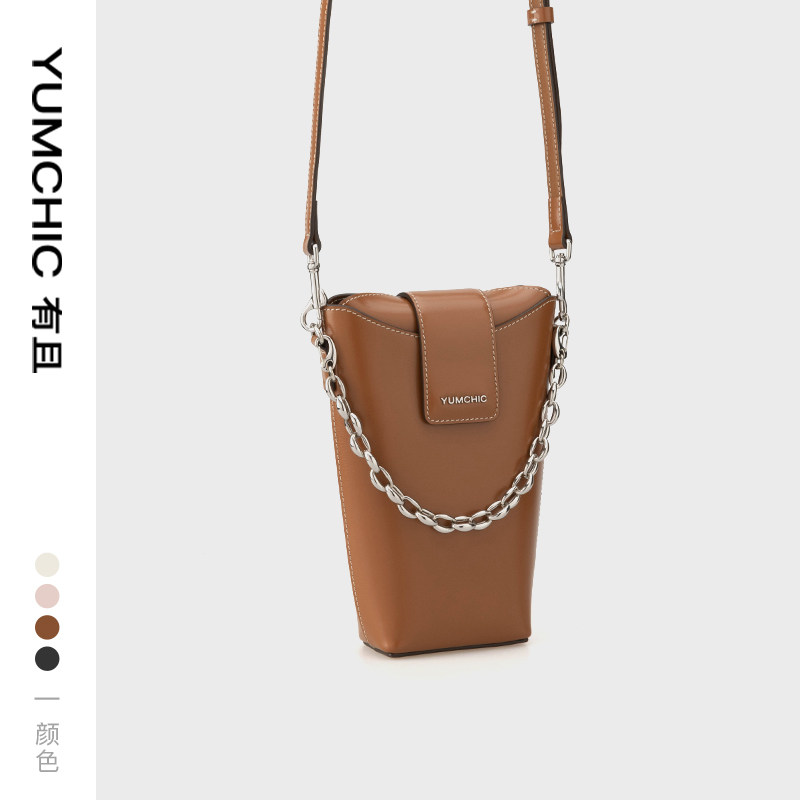 YUMCHIC薯条桶真皮斜挎小桶包小众设计师手提手机包
