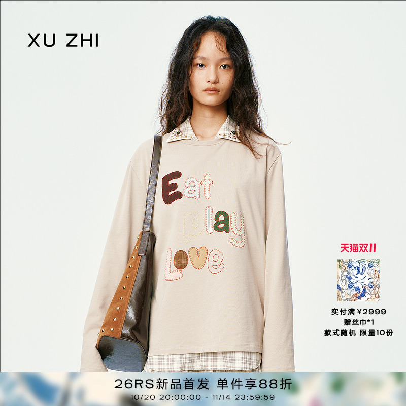 XU ZHI2025秋冬新品贴布装饰标语宽松长袖圆领T恤男女同款