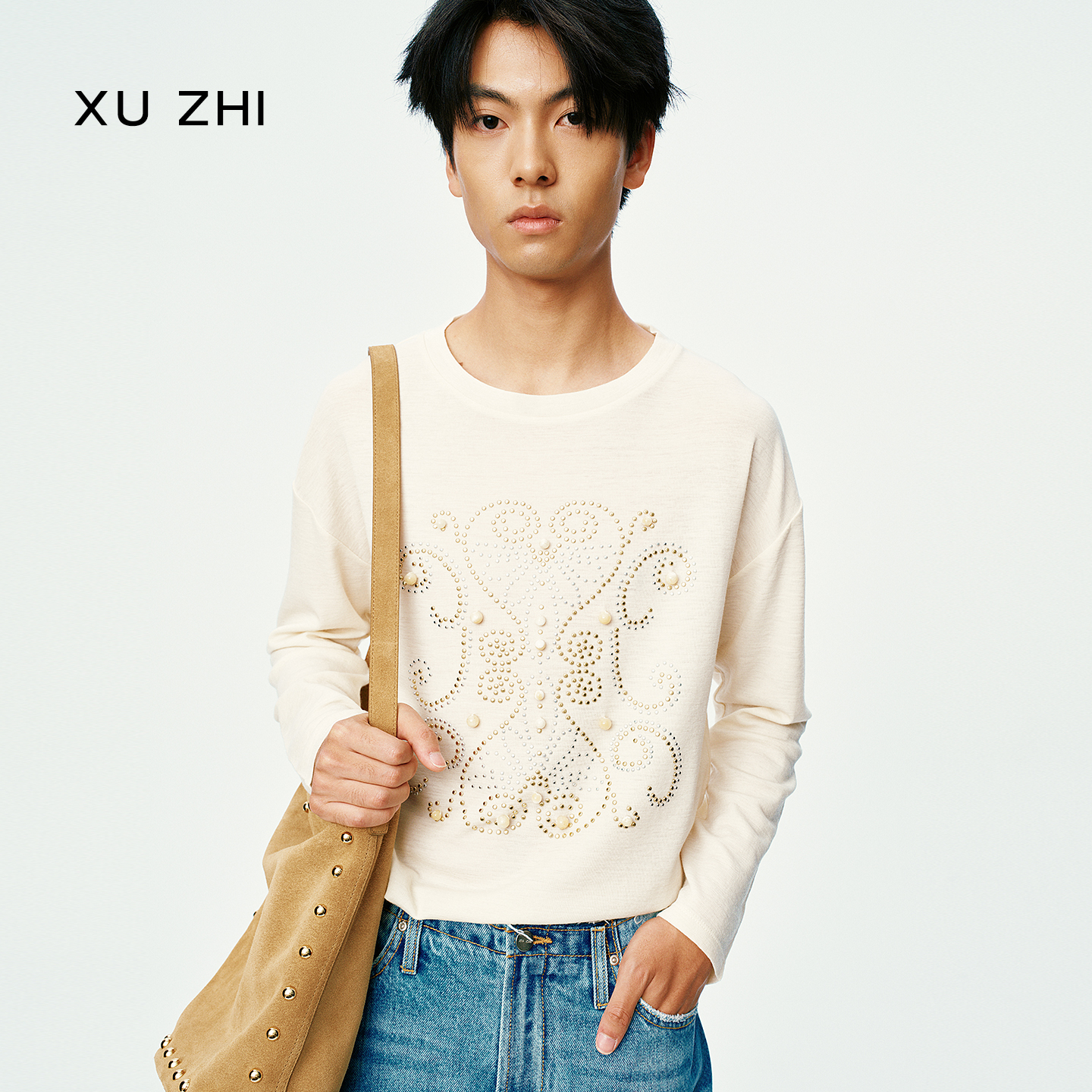 XU ZHI 新品法式优雅金属钉珠长袖T恤圆领羊毛内搭上衣男女同款