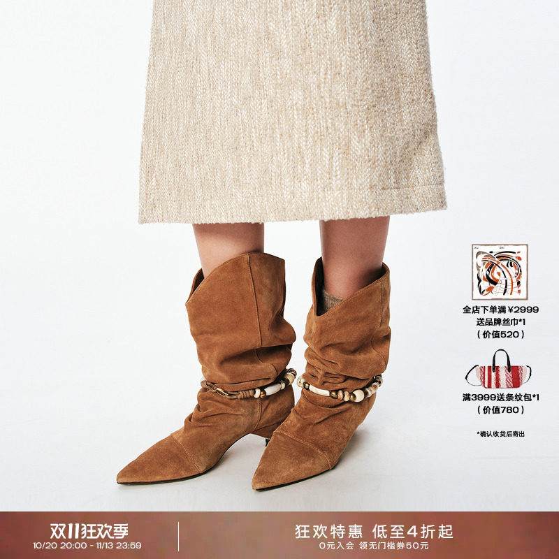 XU ZHI2025秋冬新品尖头真皮褶皱显瘦中筒骑士靴法式高级感通勤