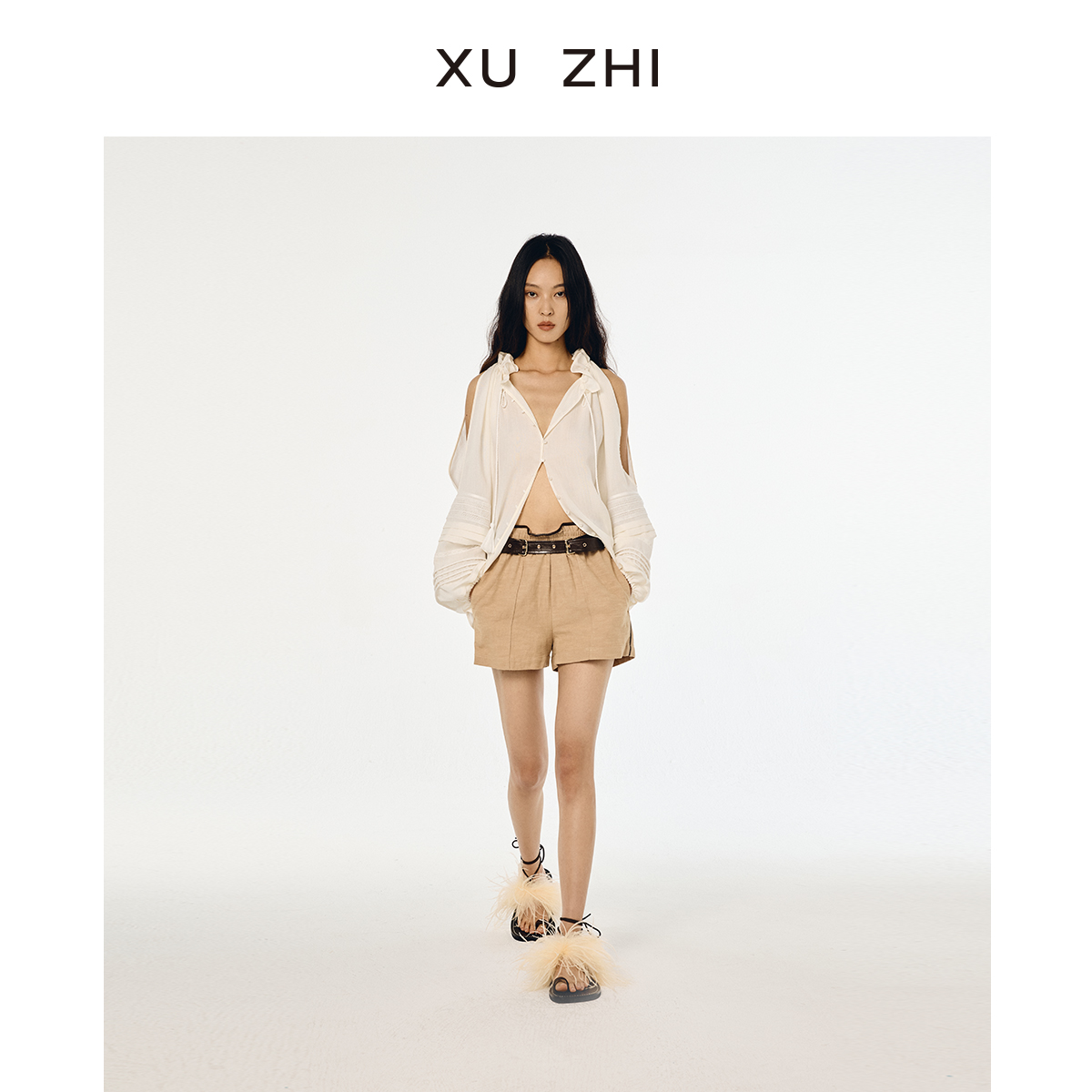 XUZHI2025夏季新品蕾丝拼接露肩衬衫欧阳娜娜同款