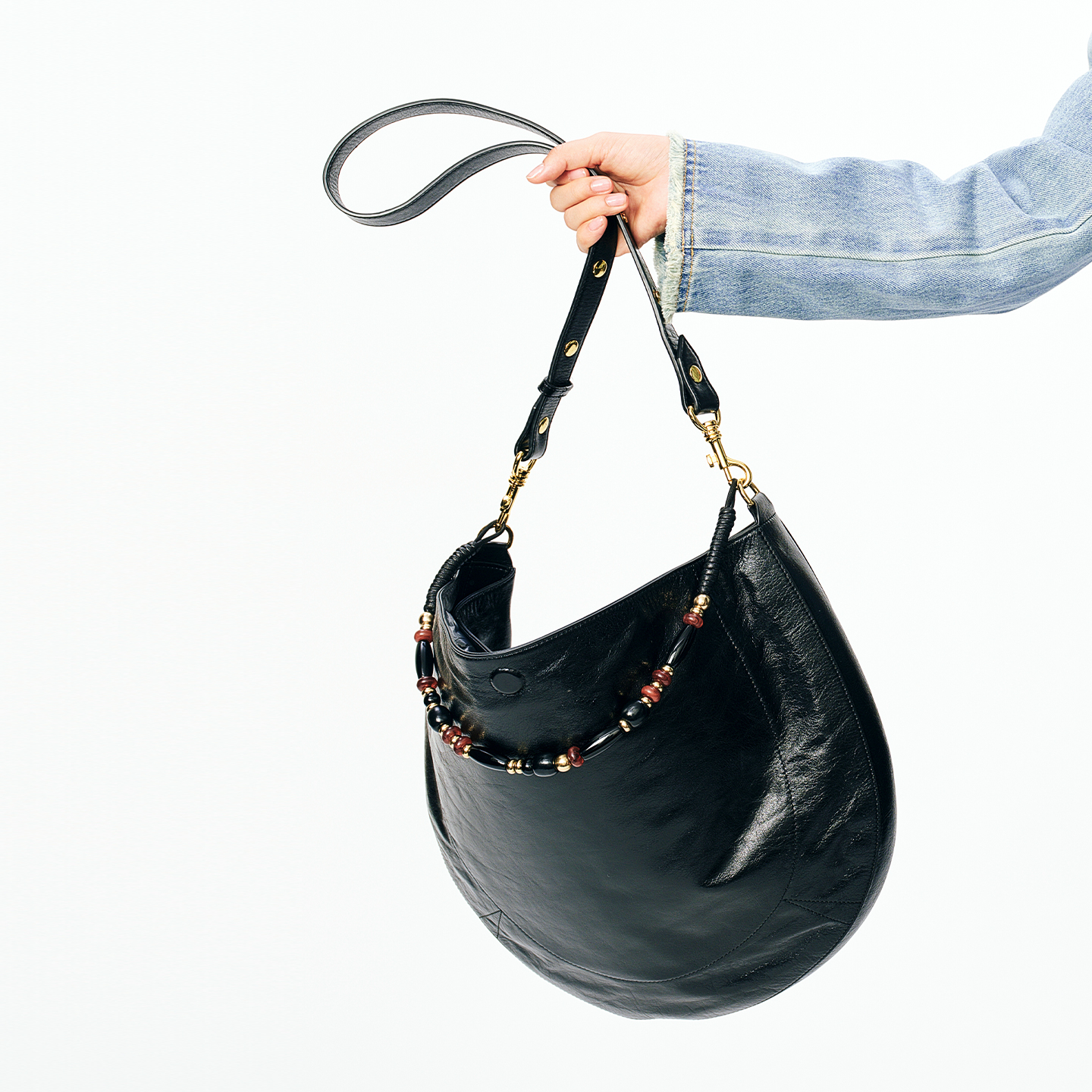 XU ZHI2025秋冬新品缉线装饰真皮HOBO女包斜挎包（附串珠挂饰)