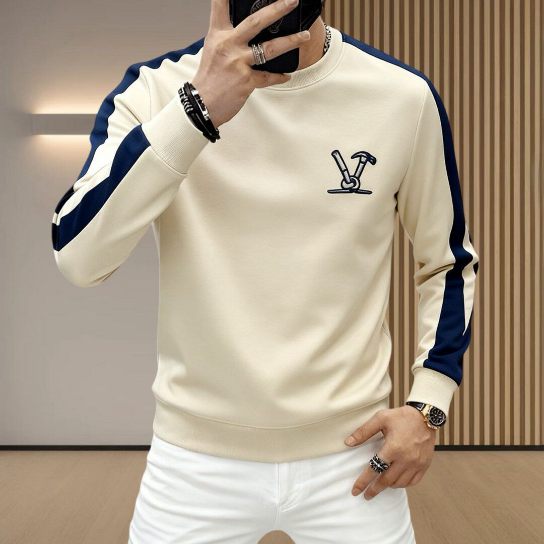 铭尚欧美男装撞色时尚修身刺绣卫衣无帽打底衫长袖高贵上档次上衣