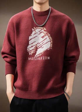 MR.MUDI/穆迪先生马年本命印花毛衣男冬季潮流高端红色针织衫线衣