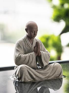 中式禅意手工紫砂人物小和尚陶瓷摆件家居博古架玄关桌面装饰摆设