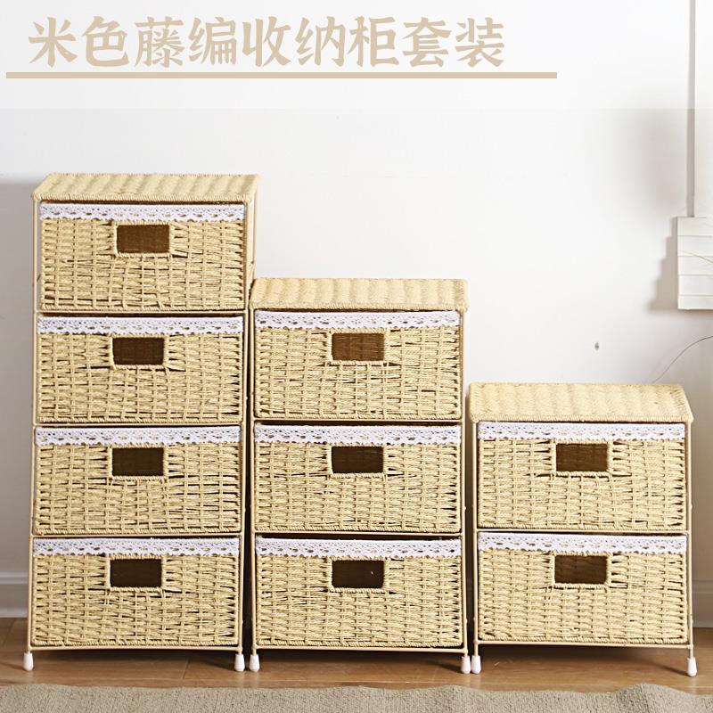 ins藤编整理收纳柜家用卧室储物斗柜出租房床头柜展览橱窗柜G986