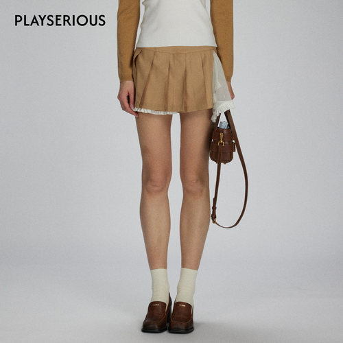 LACERTA 2025秋季新款精纺羊毛百褶短裙女纯色拼白色网纱花边半裙