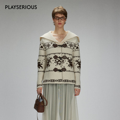 LACERTA 2025秋季新款象牙色小鹿费尔岛海军领连帽羊毛针织外套女