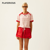 LACERTA 2026春夏新款 细节解构肩线T恤女柔雾粉拼红色设计感上衣