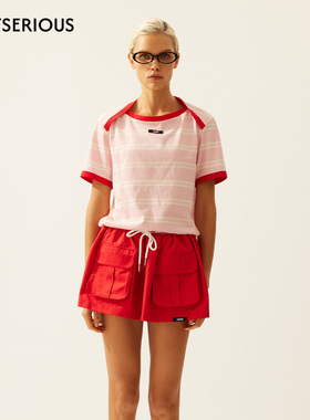 LACERTA 2026春夏新款细节解构肩线T恤女柔雾粉拼红色设计感上衣