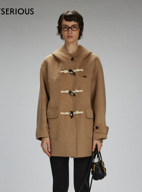 LACERTA 2025秋季新款双面呢连帽牛角羊毛复古大衣女宽松毛呢外套