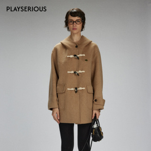 LACERTA 2025秋季新款双面呢连帽牛角羊毛复古大衣女宽松毛呢外套