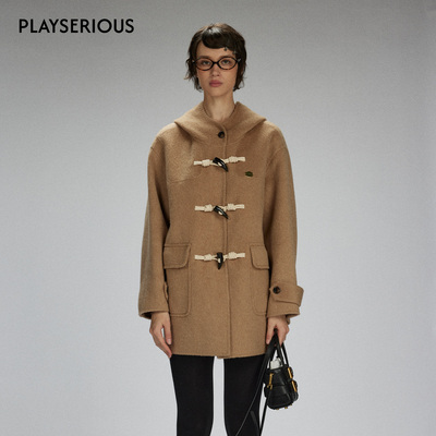 LACERTA 2025秋季新款双面呢连帽牛角羊毛复古大衣女宽松毛呢外套