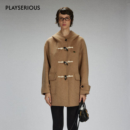 LACERTA 2025秋季新款双面呢连帽牛角羊毛复古大衣女宽松毛呢外套