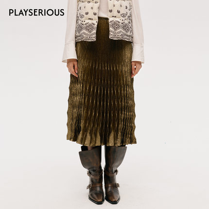 ICE DUST 2025秋季新款时尚褶皱长半裙女设计感褶皱中长款半身裙