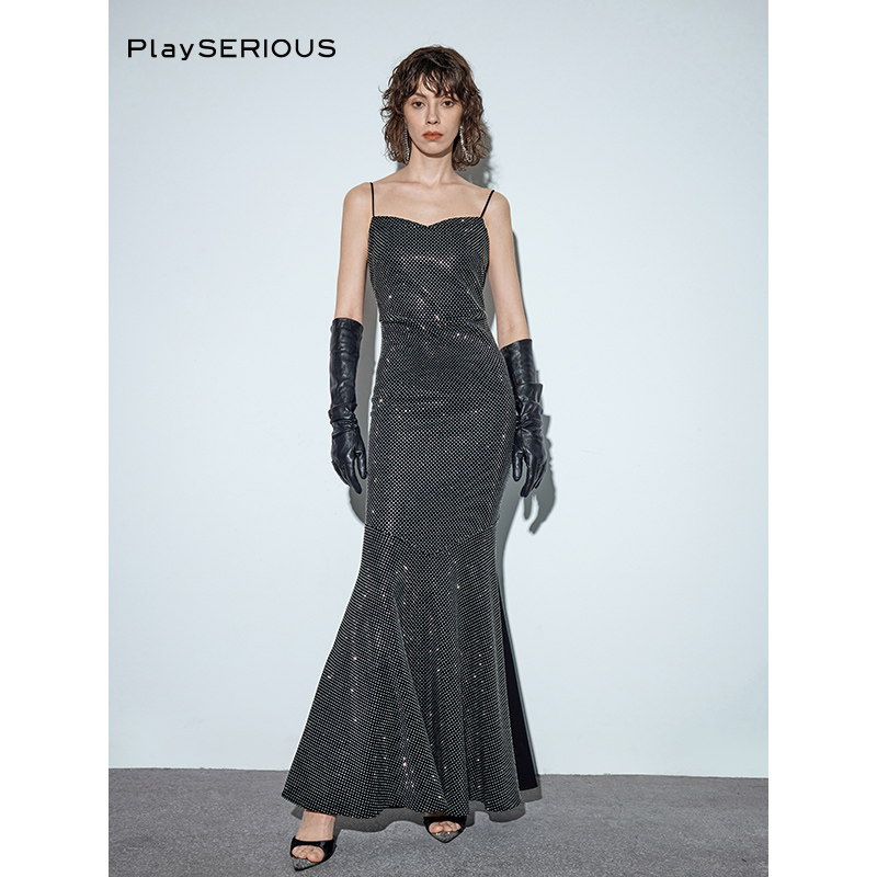 SSPARKLING烫钻长款鱼尾连衣裙