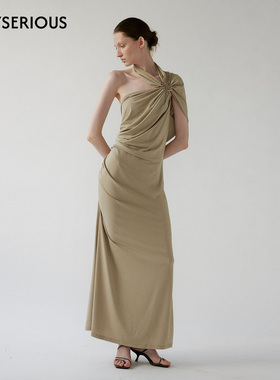 NONETONE 2026春季新款单肩扭结褶裥连衣裙女卡其绿人棉混纺长裙