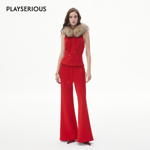 CNLEEWEI 2025秋冬新款可拆卸毛领背心深V领外套小喇叭卫裤套装女