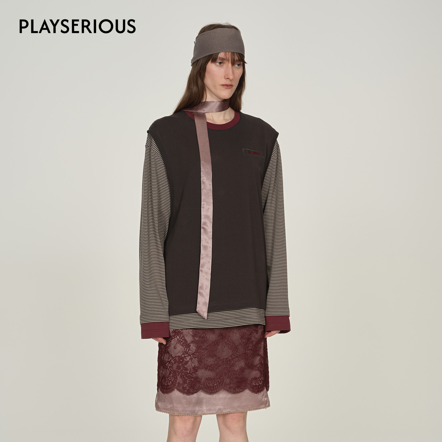 ICE DUST 2025秋季新款条纹假两件背心长袖T恤女圆领设计感上衣