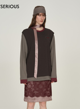 ICE DUST 2025秋季新款条纹假两件背心长袖T恤女圆领设计感上衣