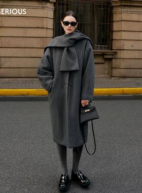 Marc Moore 孟子义同款2025秋冬披肩格纹长款灰色双面呢羊毛大衣