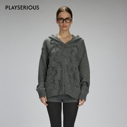 LACERTA 2025秋季新款盘带蝴蝶结羊毛针织外套女纯色休闲连帽外套