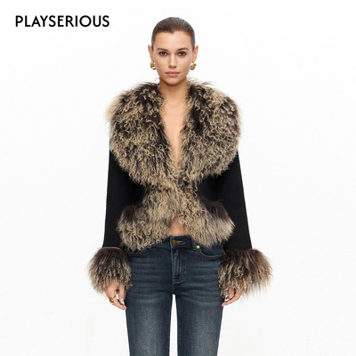 【易梦玲同款】CNLEEWEI 2025秋冬新款渐变毛领拼接毛织外套女